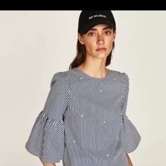 Zara blue striped Cropped top with pearls On Front  - Picture 3 of 8